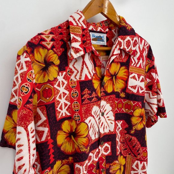 Vintage Diamond Head Hawaiian Shirt / Red Tribal Screen Printed Button Down Camp - Picture 6 of 8